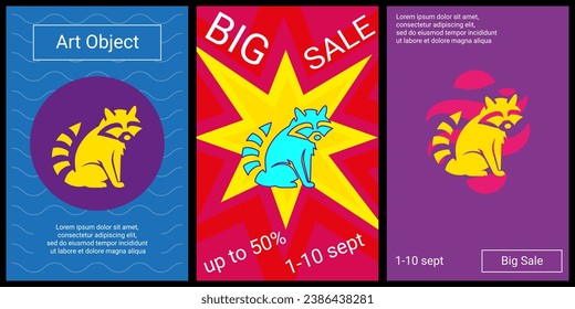 Trendy retro posters for organizing sales and other events. Large raccoon symbol in the center of each poster. Vector illustration on black background