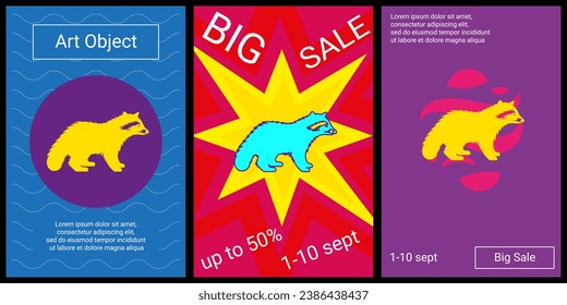 Trendy retro posters for organizing sales and other events. Large raccoon symbol in the center of each poster. Vector illustration on black background