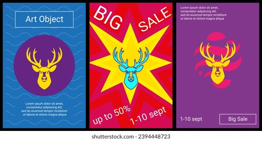 Trendy retro posters for organizing sales and other events. Large deer head symbol in the center of each poster. Vector illustration on black background