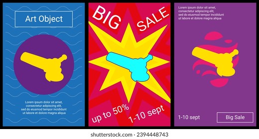 Trendy retro posters for organizing sales and other events. Large angle grinder symbol in the center of each poster. Vector illustration on black background