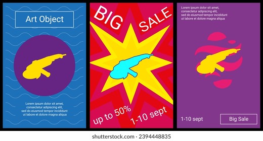 Trendy retro posters for organizing sales and other events. Large angle grinder symbol in the center of each poster. Vector illustration on black background
