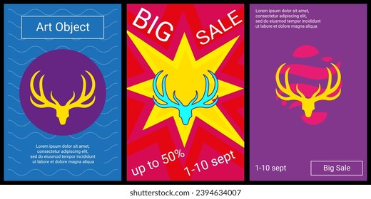 Trendy retro posters for organizing sales and other events. Large deer horns symbol in the center of each poster. Vector illustration on black background