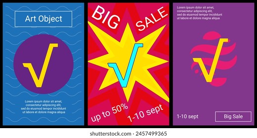 Trendy retro posters for organizing sales and other events. Large square root symbol in the center of each poster. Vector illustration on black background