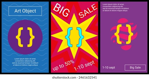 Trendy retro posters for organizing sales and other events. Large curly brackets symbol in the center of each poster. Vector illustration on black background