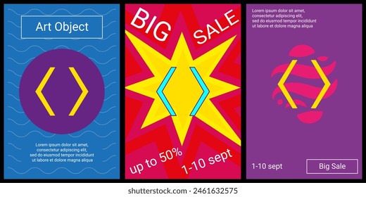 Trendy retro posters for organizing sales and other events. Large angle brackets symbol in the center of each poster. Vector illustration on black background