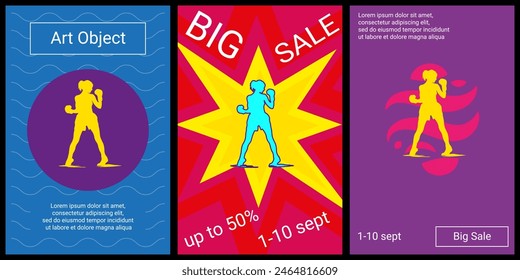 Trendy retro posters for organizing sales and other events. Large boxer girl symbol in the center of each poster. Vector illustration on black background