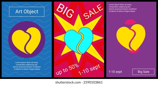 Trendy retro posters for organizing sales and other events. Large two halves of a heart symbol in the center of each poster. Vector illustration on black background