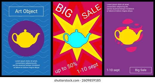 Trendy retro posters for organizing sales and other events. Large teapot for tea symbol in the center of each poster. Vector illustration on black background