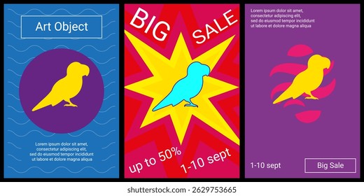 Trendy retro posters for organizing sales and other events. Large parrot symbol in the center of each poster. Vector illustration on black background