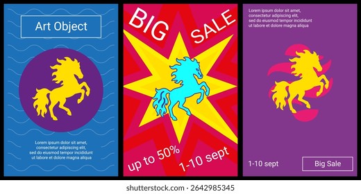 Trendy retro posters for organizing sales and other events. Large fiery horse symbol in the center of each poster. Vector illustration on black background