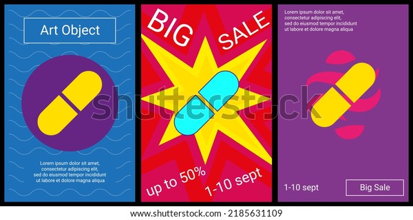 Trendy retro posters for organizing\
sales and other events. Large medical capsule symbol in the center\
of each poster. Vector illustration on black\
background