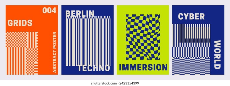 Trendy Retro Print. Set von Plakaten für Veranstaltungen, Cyber-futuristischen Brutalismus Stil, Geometrie Gittermuster, Neonfarben. Rave Musik Party der Flyer Design-Vorlagen. asymmetrisch. Pixel, Strichcode