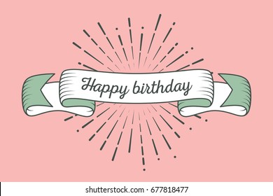 Trendy retro ribbon with text Happy birthday and light rays, sunburst. Colorful banner with ribbon for design, game, web. Vector Illustration