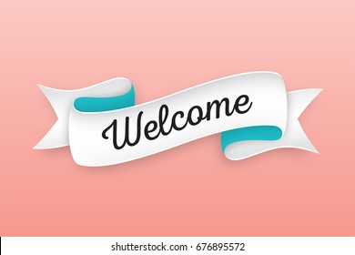 Trendy retro ribbon with text Welcome. Colorful banner with ribbon for design, game, web. Vector Illustration