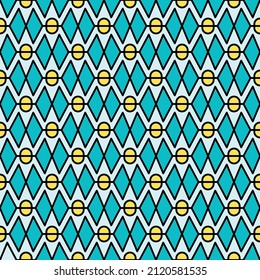 Trendy retro seamless pattern. Colored geometric vector ornament in vintage style. Decorative print with turquoise rhombus, yellow oval and black lines on blue background.