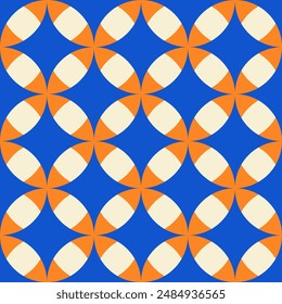 Trendy retro seamless pattern with geometric shapes on a blue background. Modern minimal abstract background. Blue, orange and beige colors. Vector illustration