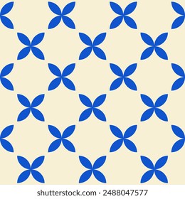 Trendy retro seamless pattern with geometric blue flowers on a beige background. Modern minimal abstract background. Vector illustration