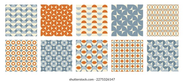 Trendy retro set geometric seamless patterns with colorful semicircles and circles. Modern abstract background. Orange, beige and blue colors. Vector illustration