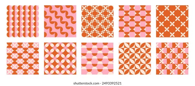 Trendy retro set geometric seamless patterns with colorful semicircles and circles. Modern abstract background. Orange, beige and pink colors. Vector illustration