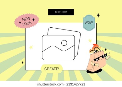 Trendy retro social media banner template with stickers, character mascot, and place for photo and text. Candy colors. Hot paper bag character in sunglasses.
