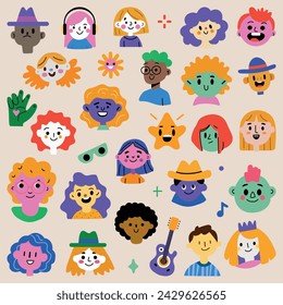 Juego de pegatinas retro de moda. Colección de formas y personajes divertidos de colores aislados sobre fondo beige. Ilustración vectorial.