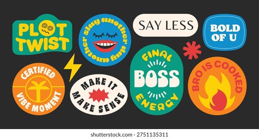 Trendy retro stickers, patchs, badges, labels collection. Funny quotes and phrases y2k groovy cartoon style.