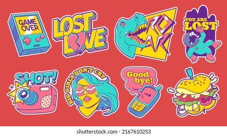 Trendy retro stickers with spaceman, camera, dinosaur and girl. Vector set of contemporary comic badge patches with hamburger and mobile phone. Kitsch art, psychedelic 90s design