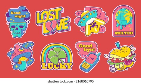 Trendy retro stickers with ufo, clover leaf, mushroom and camera. Vector set of contemporary comic badge or patches with hamburger, melted globe and skull. Kitsch art, psychedelic 90s design