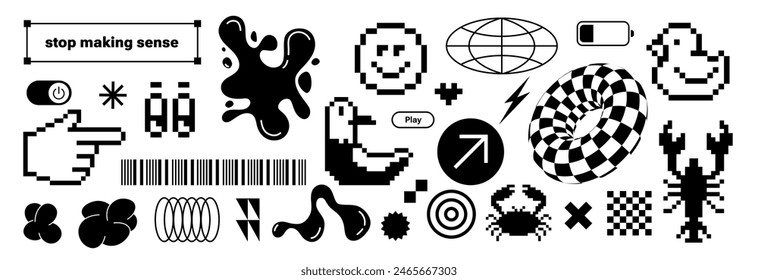 Trendy retro stickers Y2k. Flat pixelated design. Cool pop art elements. Retro elements. Black and funky typography. zine aesthetic. Vectored shapes, retro vibes. Seagull, duck, liquid form.