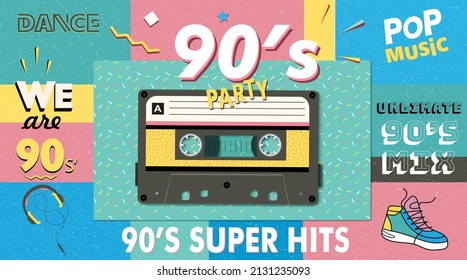 Trendy. Retro style design club. party,  background, 90's and 80's graphic, 90s style, pop music party 1990, vintage night. Easy editable Memphis poster design.