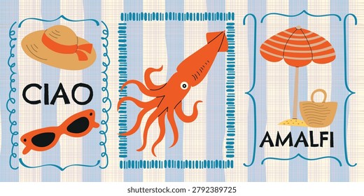 A trendy retro summer illustration set featuring three Mediterranean-themed beach graphics with hand-drawn elements like a squid, straw hat, sunglasses, striped umbrella, and 