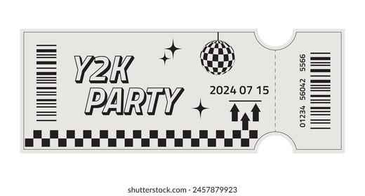 Trendy Retro ticket template . Hippie style party ticket with futuristic elements. Y2k style design.