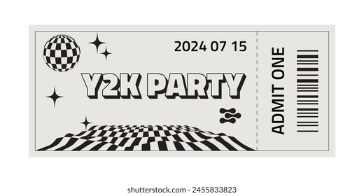 Trendy Retro ticket template . Party ticket with futuristic elements. Y2k style design.