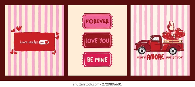 Trendy retro Valentine set featuring a heart delivery truck and romantic postage stamp elements, perfect for love themes, greeting cards, stickers, apparel prints, scrapbook designs, and cute aesthetic products.
