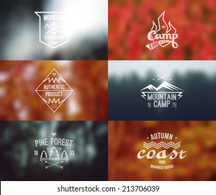 Trendy retro vintage badges and card with blurred backgrounds. Autumn colors, camping theme.