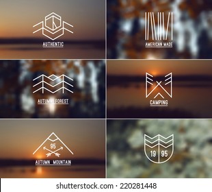 Trendy retro vintage badges in thin line style and card with blurred backgrounds. Autumn colors.