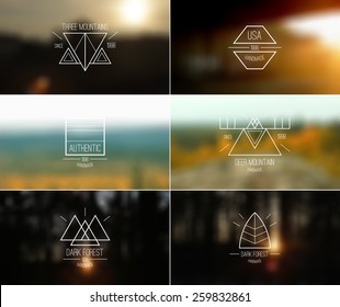 Trendy retro vintage badges in thin line style and card with blurred backgrounds. Autumn colors