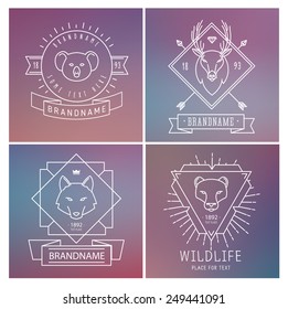 Trendy Retro Vintage Insignias Bundle. Animals. Wolf, deer, koala, lion. Vector set of outline emblems and badges - abstract hipster logo templates