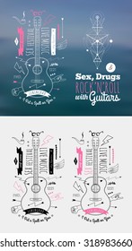 Trendy Retro Vintage Insignias with Guitar. Vector art.