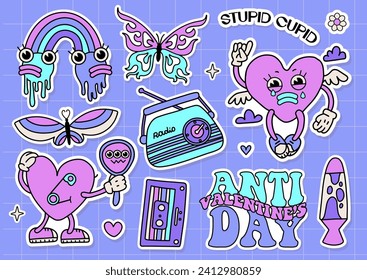 Trendy retro y2k anti Valentines day stickers set. 2000s anti valentine day concept with cartoon heart characters with vintage elements. Vector hand drawn illustration.