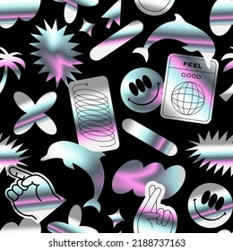 Trendy retro y2k holographic sticker seamless pattern illustration. Modern 90s style abstract iridescent shape background with hand gesture, funny face and animal label designs.