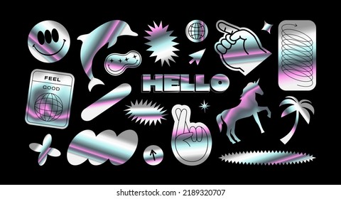 Trendy retro y2k holographic sticker illustration collection on isolated background. Modern 90s style abstract iridescent shape set with hand gesture, funny face and animal label designs.