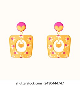 Pendientes de moda amarillo retro con perla. Vector y2k ilustración accesoria de joyería aislado sobre fondo blanco