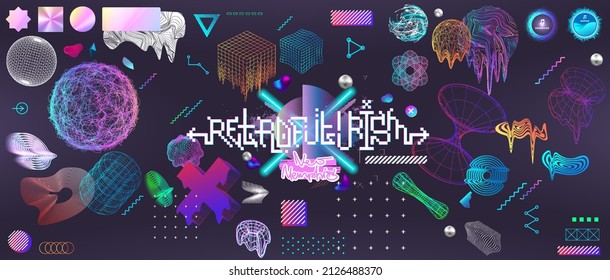 Trendy retrofuturistic geometric 3D shapes set. Futuristic set in in vaporwave style from 80s-90s. Old wave cyberpunk style. Shapes 3D, geometric elements for with neon and glitch effect. Vector set