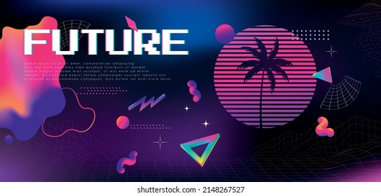 Trendy retrofuturistic holographic background in 80s-90s vaporwave style. Old wave cyberpunk concept. Forms design elements for disco genre, retro party, banner, template