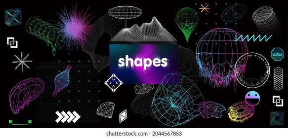 Trendy retrofuturistic holographic collection. Circle design neon shapes with glitch and liquid effect. Trendy Vaporwave in 80s-90s style. Memphis, synthwave. Shapes design elements for t-shirt.Vector