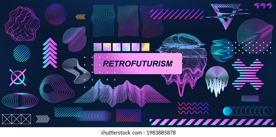 Trendy retrofuturistic holographic collection in vaporwave style in 80s-90s. Old wave cyberpunk concept. Shapes design elements for disco genre, retro party or themed event. Neon shapes with glitch - Shutterstock ID 1983885878