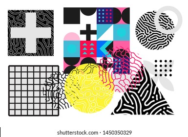 Trendy retrofuturistic neo memphis style elements, Fluid organic colorful shapes, Creative pop art vector set with Reaction-Diffusion pattern.