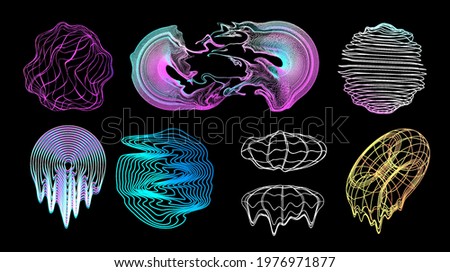 Trendy retrofuturistic shapes, circle, abstract, glitch and liquids forms. Memphis elements in 80s-90s. Holographic illuminated shapes for merch, t-shirt. Vaporwave and synthwave glitch and liquid set