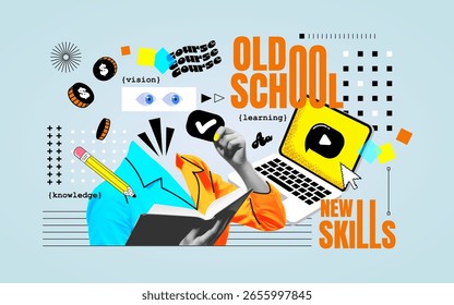 Trendy retro-style collage poster themed around education, knowledge, and digital learning. Featuring bold typography, abstract cutout elements, laptop, coins, check mark. Vector illustration